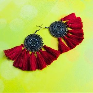 Round Dangle Fringe Earrings (Red)